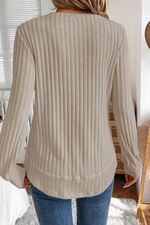 Ribbed Texture Round Neck Drop Shoulder Rounded Hem Knit Top